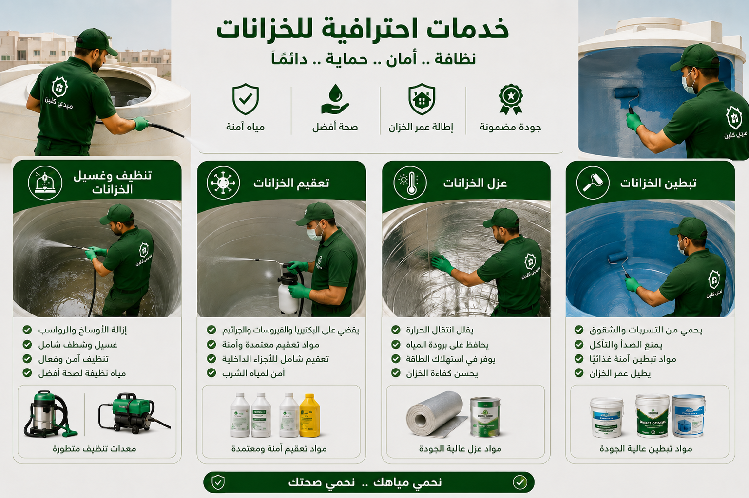 تنظيف وغسيل الخزانات + التعقيم + العزل + التبطين